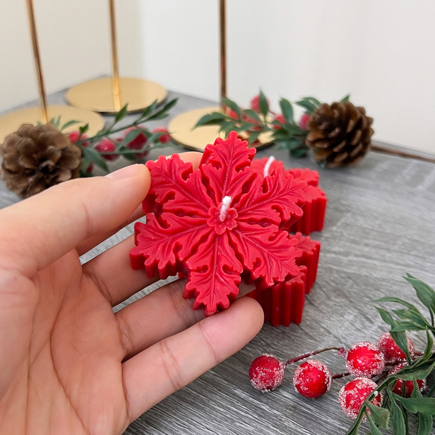 Red Christmas Snowflake Candle - Festive Snow Flake Candles - Christmas Decorations