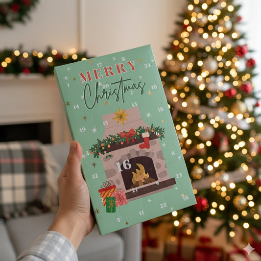 Hand holding a Christmas advent calendar with a decorated fireplace and stockings in front of a Christmas tree.