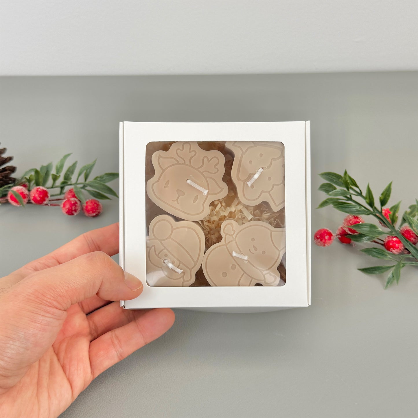 Beige Christmas Tealight Gift Set - Christmas Scented Candle Gift