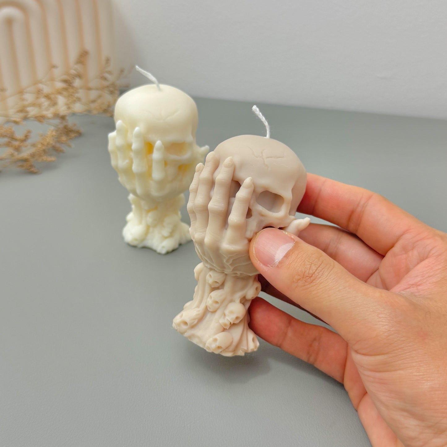 Skull Candle in Skeleton Hand – Halloween Candle & Gothic Gift