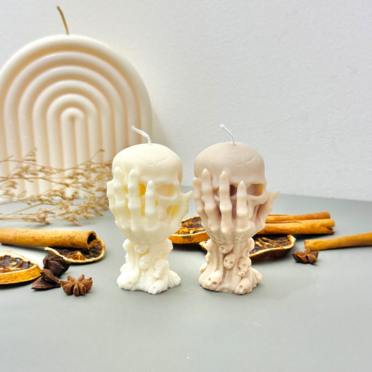 Skull Candle in Skeleton Hand – Halloween Candle & Gothic Gift