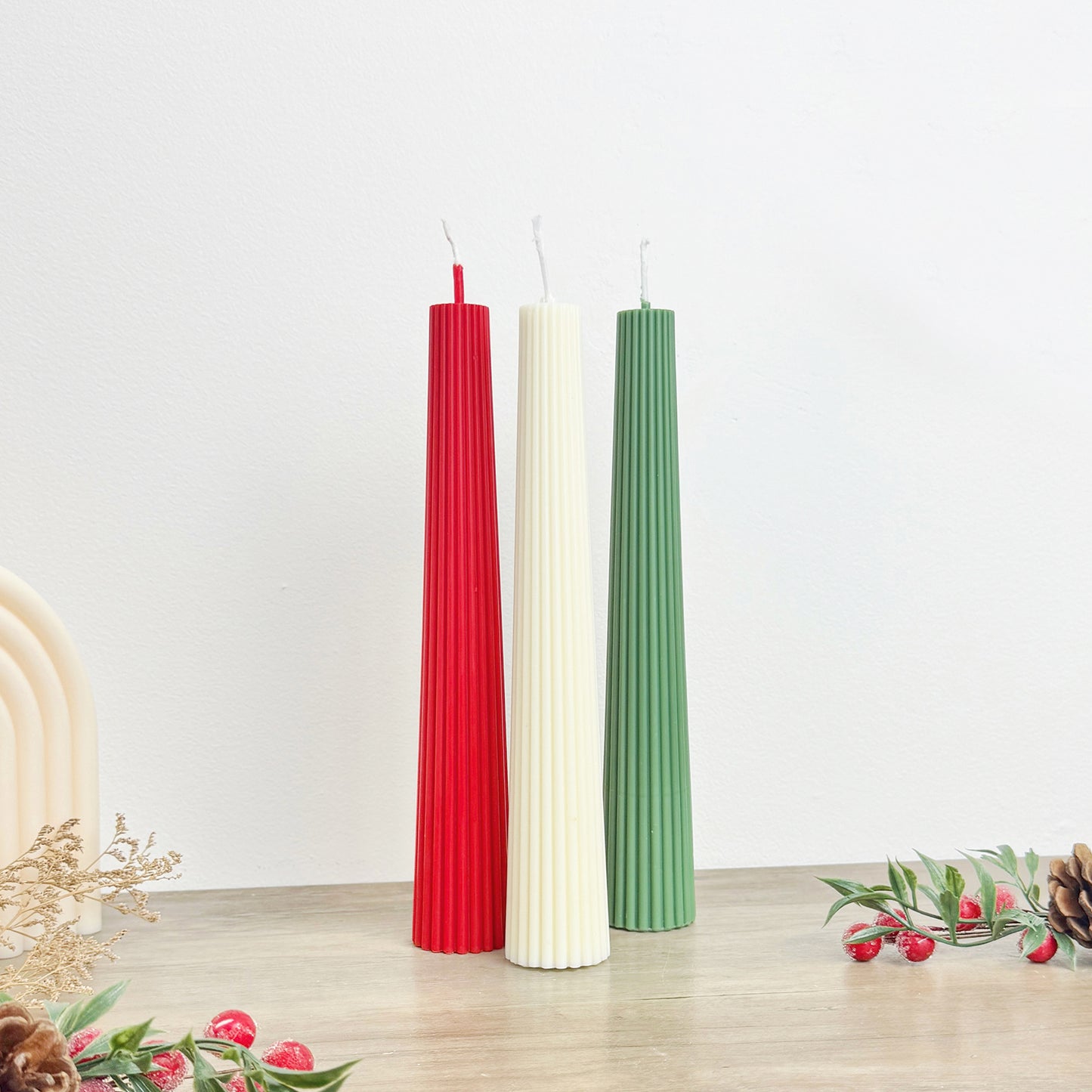 Colourful Christmas Candles - Freestanding Christmas Pillar Candles - Ribbed Taper Candles