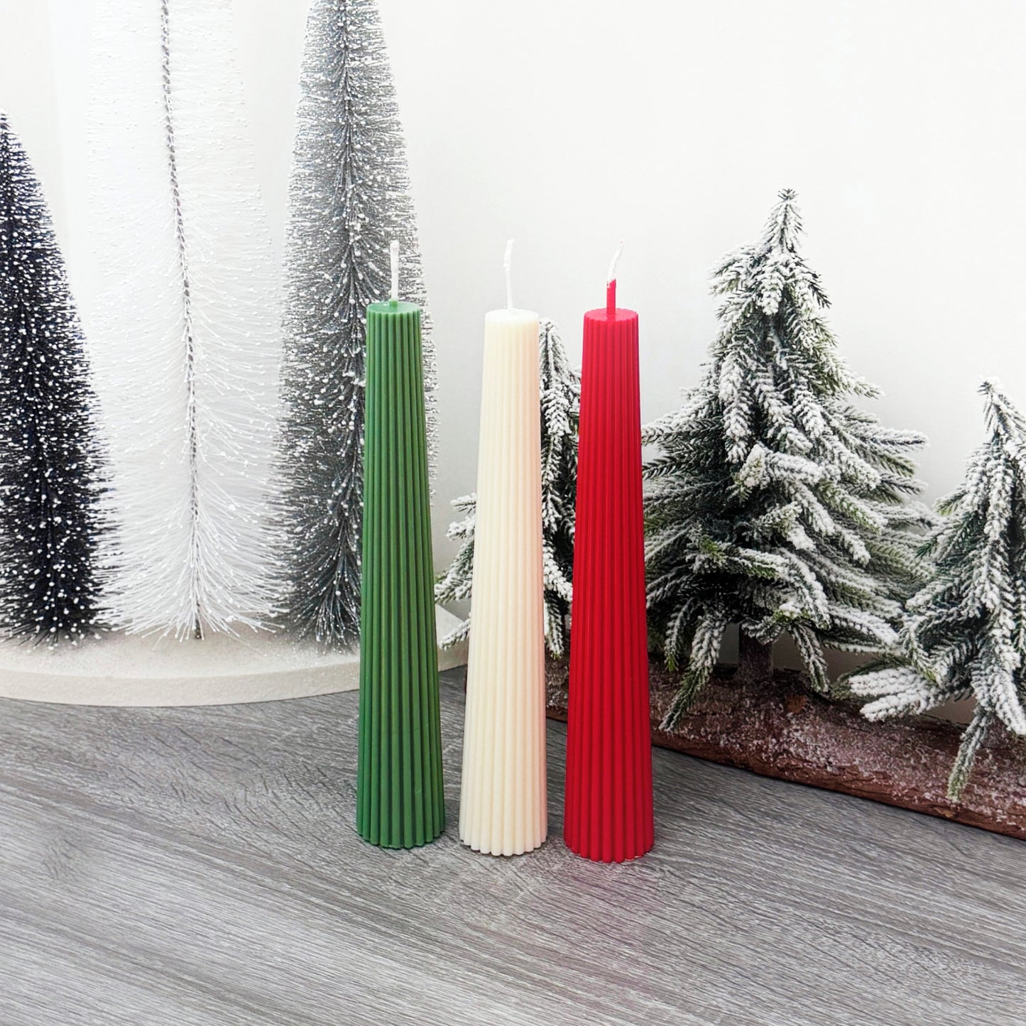 Colourful Christmas Candles - Freestanding Christmas Pillar Candles - Ribbed Taper Candles