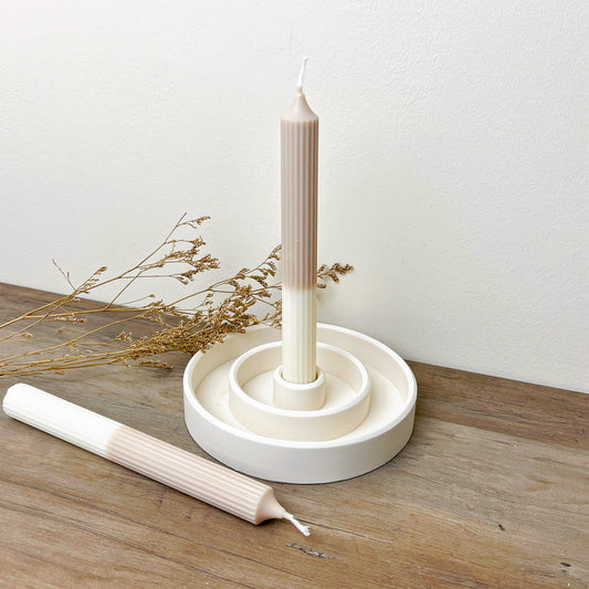 Two Tone Dinner Candles in Beige and White - Ridged Taper Candlesticks