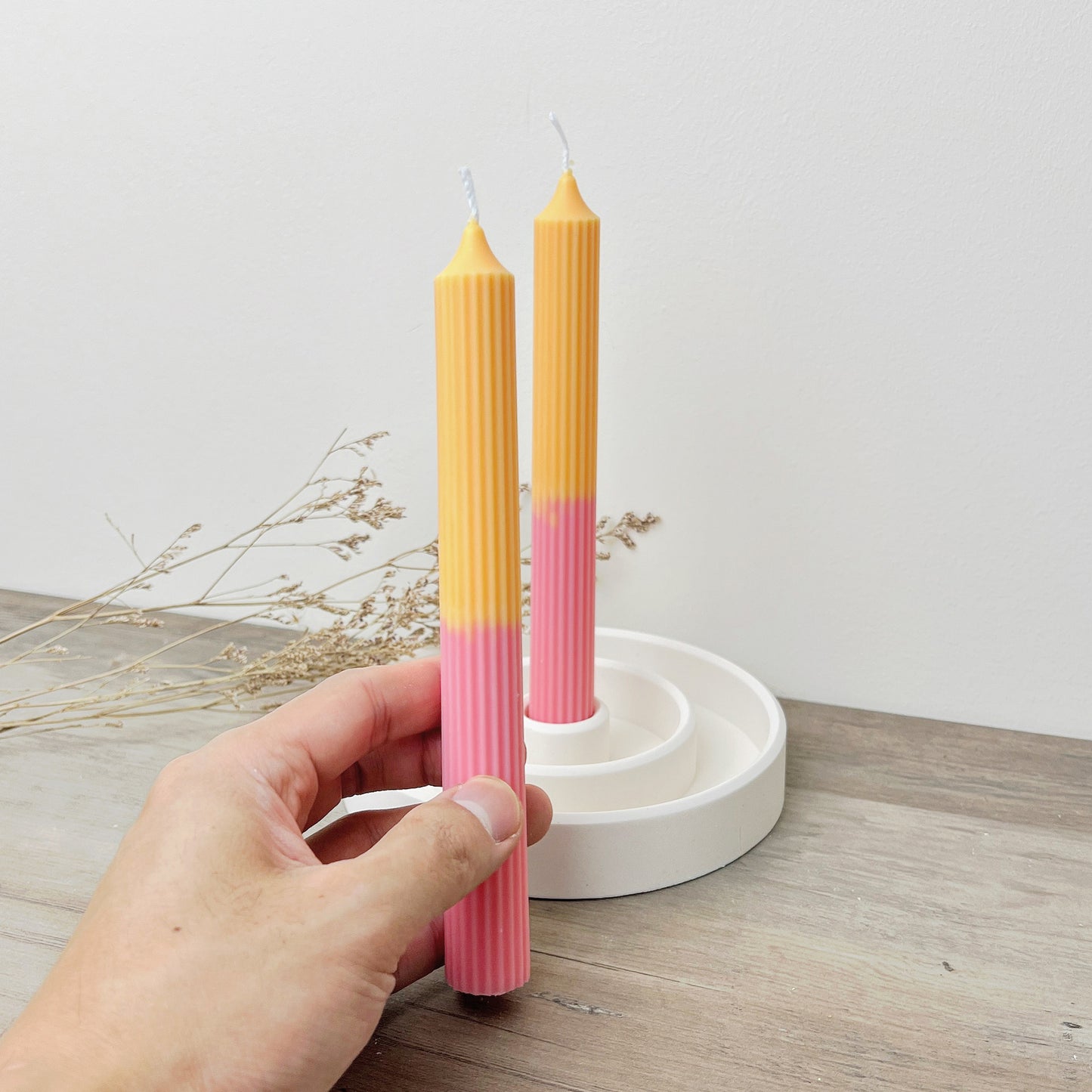 Ombre Two Tone Orange and Pink Dinner Candle - Ridged Taper Candle - Candlesticks