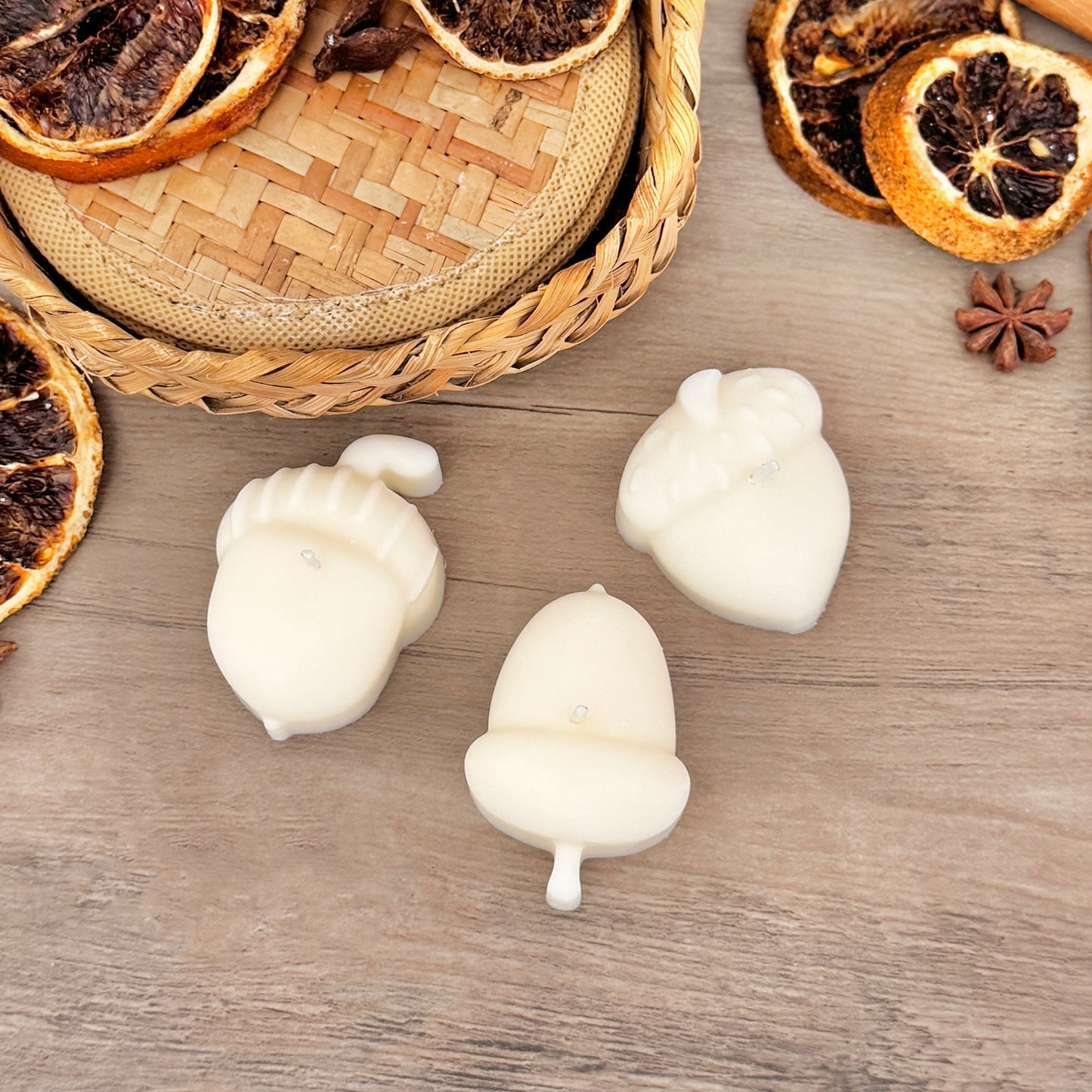 White Acorn Tea Light Candle Set of 3 - White Autumn Acorn Tealight - Autumn Candles