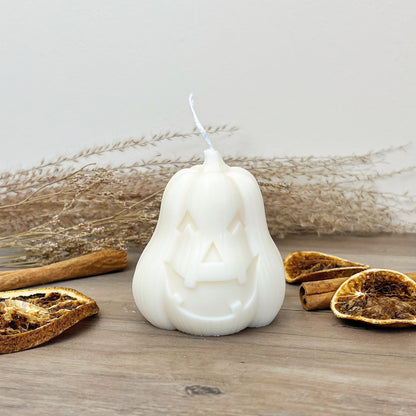 White Pumpkin Candle with Carved Face - White Halloween Decoration - Jack-O-Lantern Candles