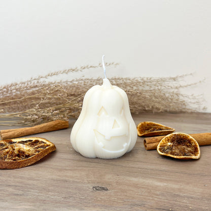 White Pumpkin Candle with Carved Face - White Halloween Decoration - Jack-O-Lantern Candles