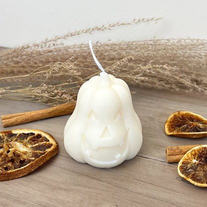 White Pumpkin Candle with Carved Face - White Halloween Decoration - Jack-O-Lantern Candles