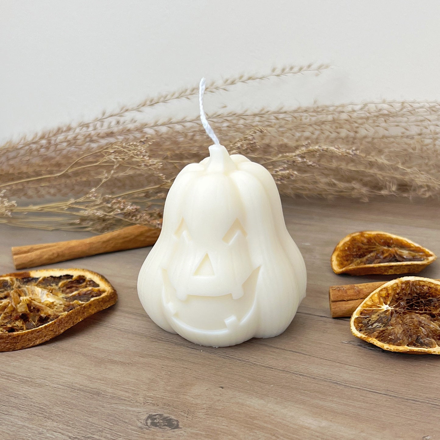 White Pumpkin Candle with Carved Face - White Halloween Decoration - Jack-O-Lantern Candles