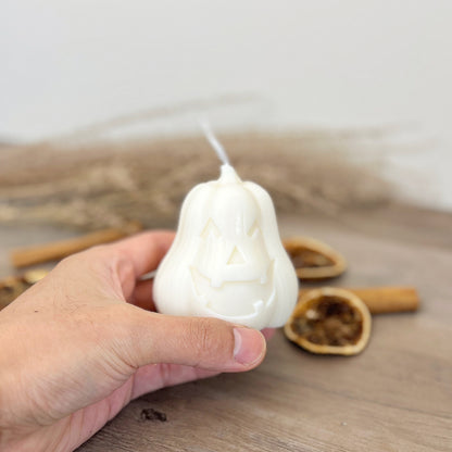 White Pumpkin Candle with Carved Face - White Halloween Decoration - Jack-O-Lantern Candles