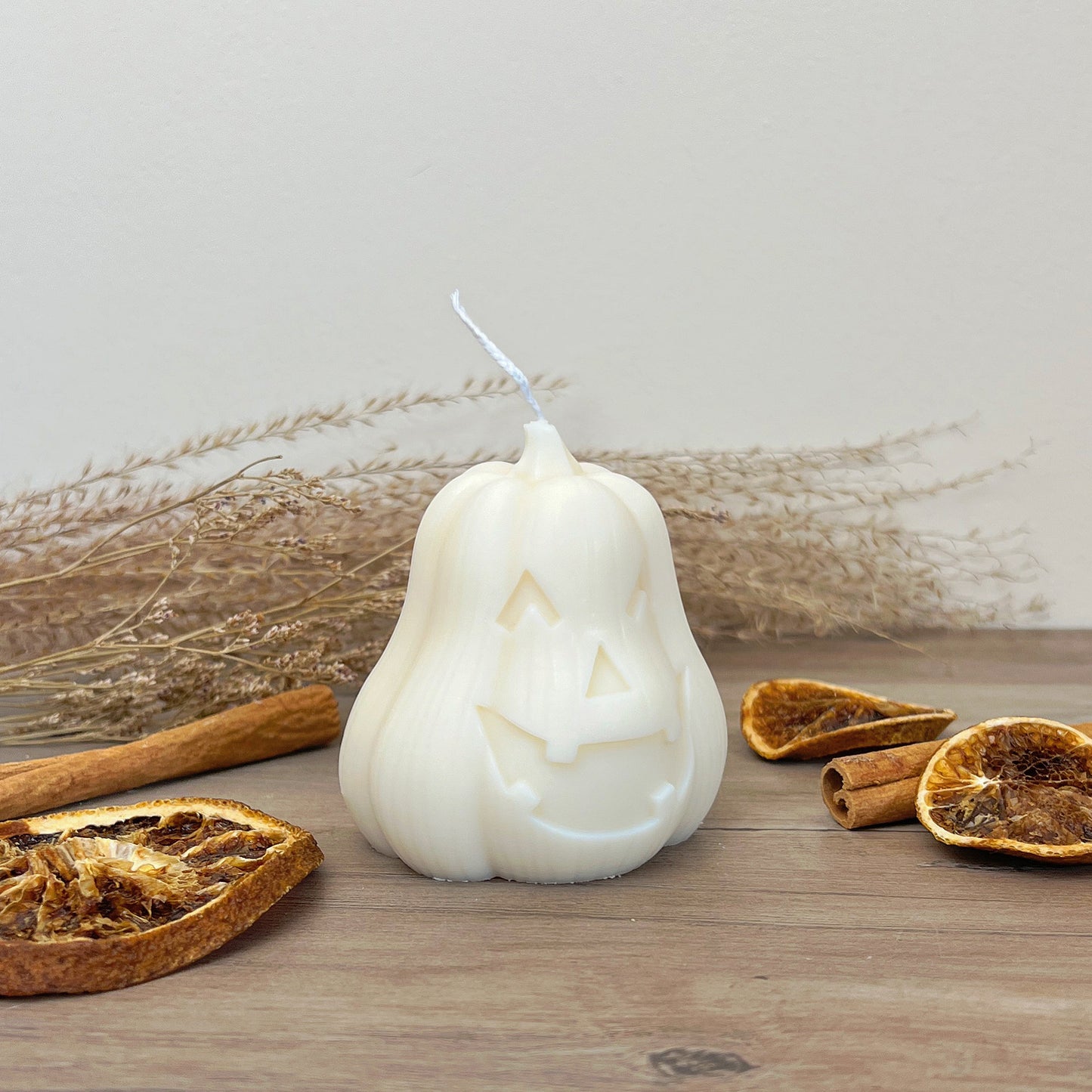 White Pumpkin Candle with Carved Face - White Halloween Decoration - Jack-O-Lantern Candles