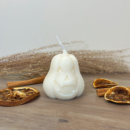 White Pumpkin Candle with Carved Face - White Halloween Decoration - Jack-O-Lantern Candles