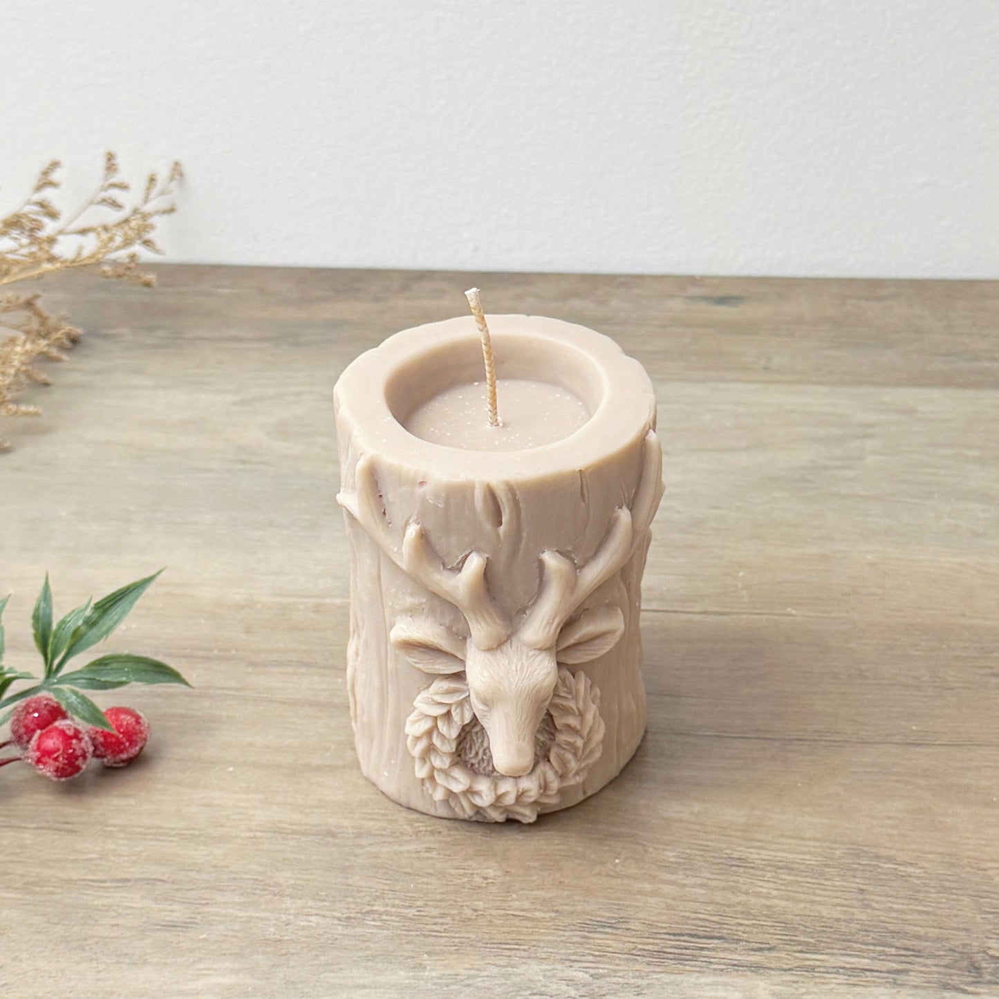 Beige Traditional Christmas Pillar Candle - Christmas Table Candles