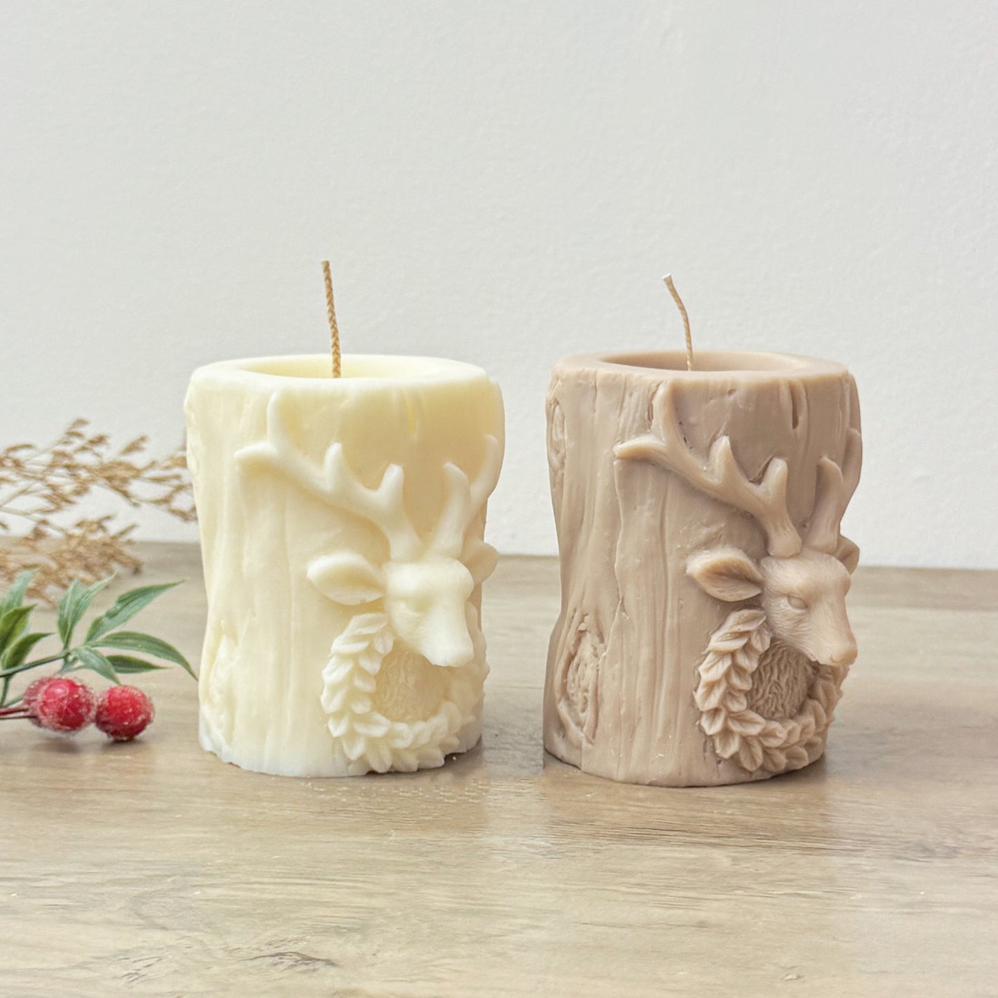 Beige Traditional Christmas Pillar Candle - Christmas Table Candles