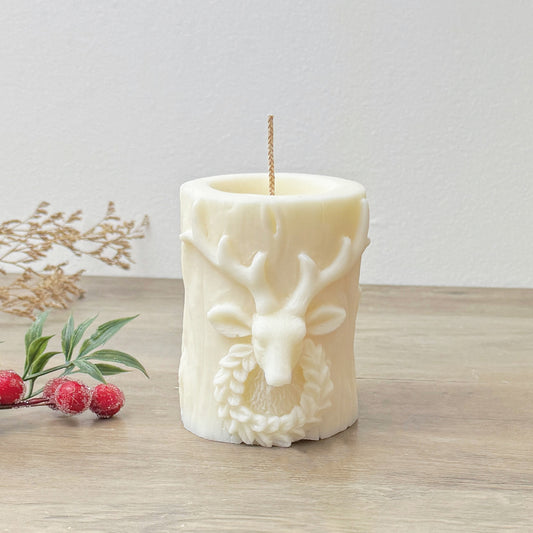 White Christmas Stag Pillar Candle - Christmas Centrepiece Candle - Christmas Reindeer Decor